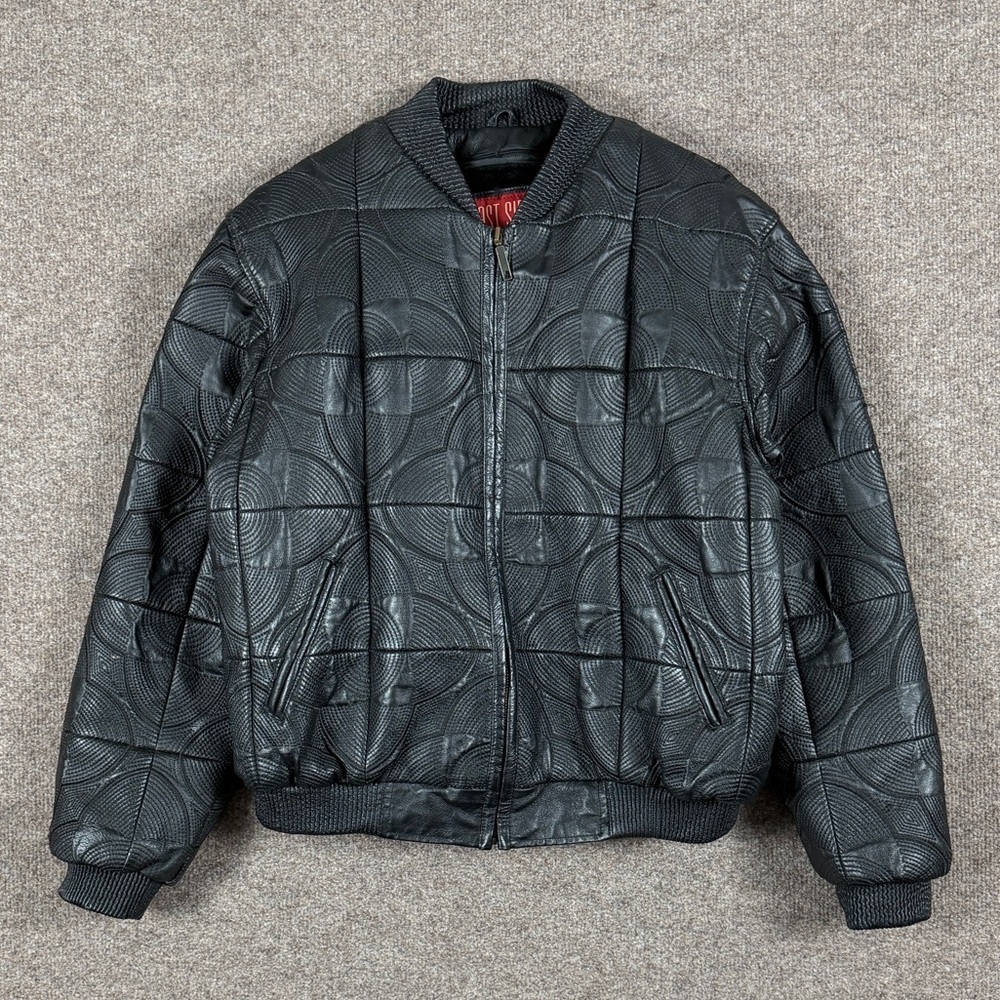 VTG East Side Black Embroidered Leather Bomber Jacket Mens 2XL Geometric Circles